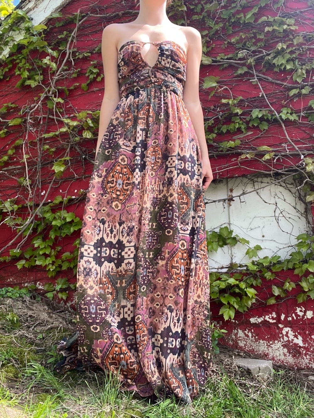 Vintage Multicolor Boho Strapless Maxi Dress
